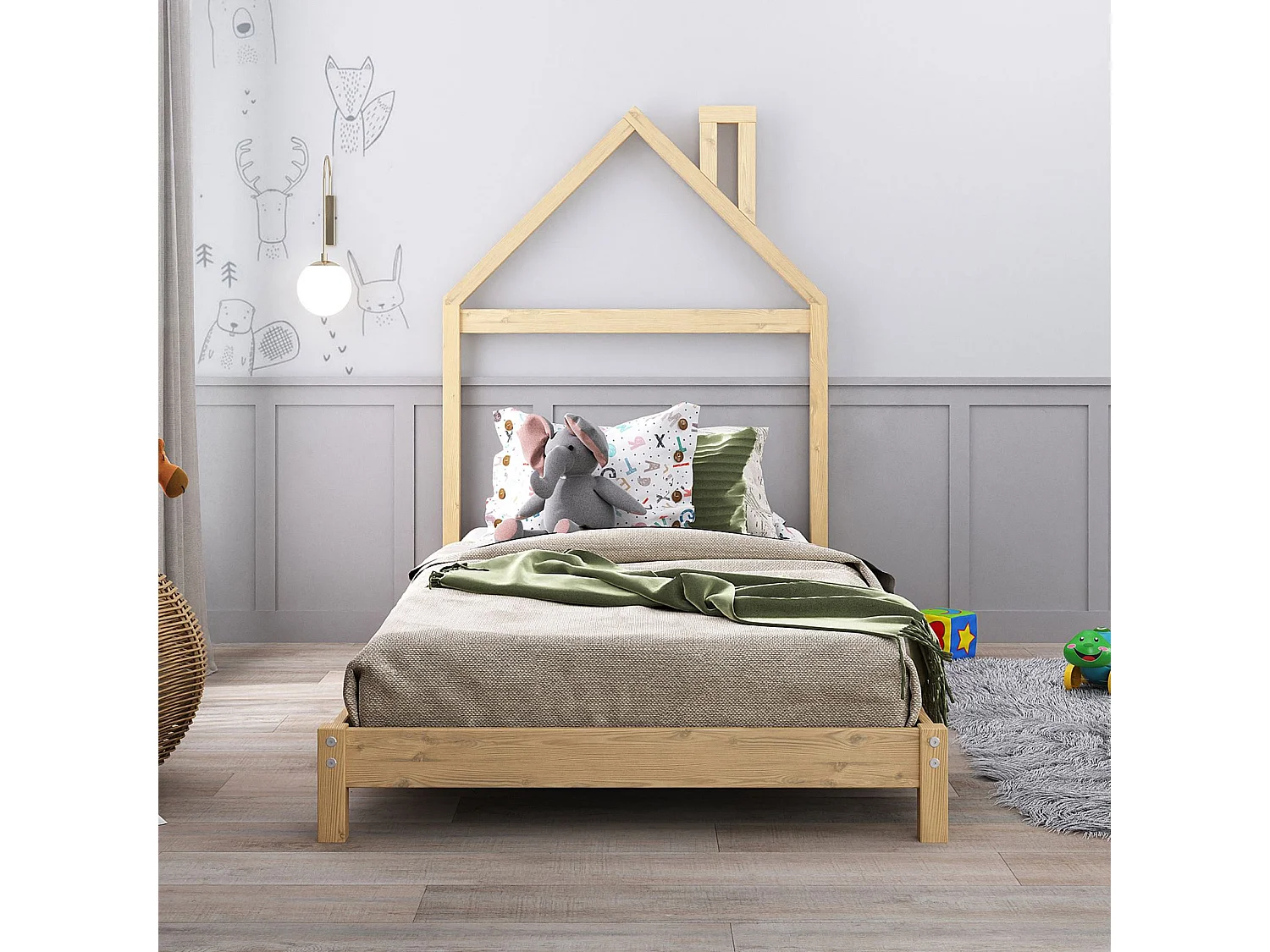 Lit enfant LIZ tête de lit en forme de maison, Lit au sol Montessori, Pour couchage 90 x 200 cm bois de pin massif, Coloris naturel