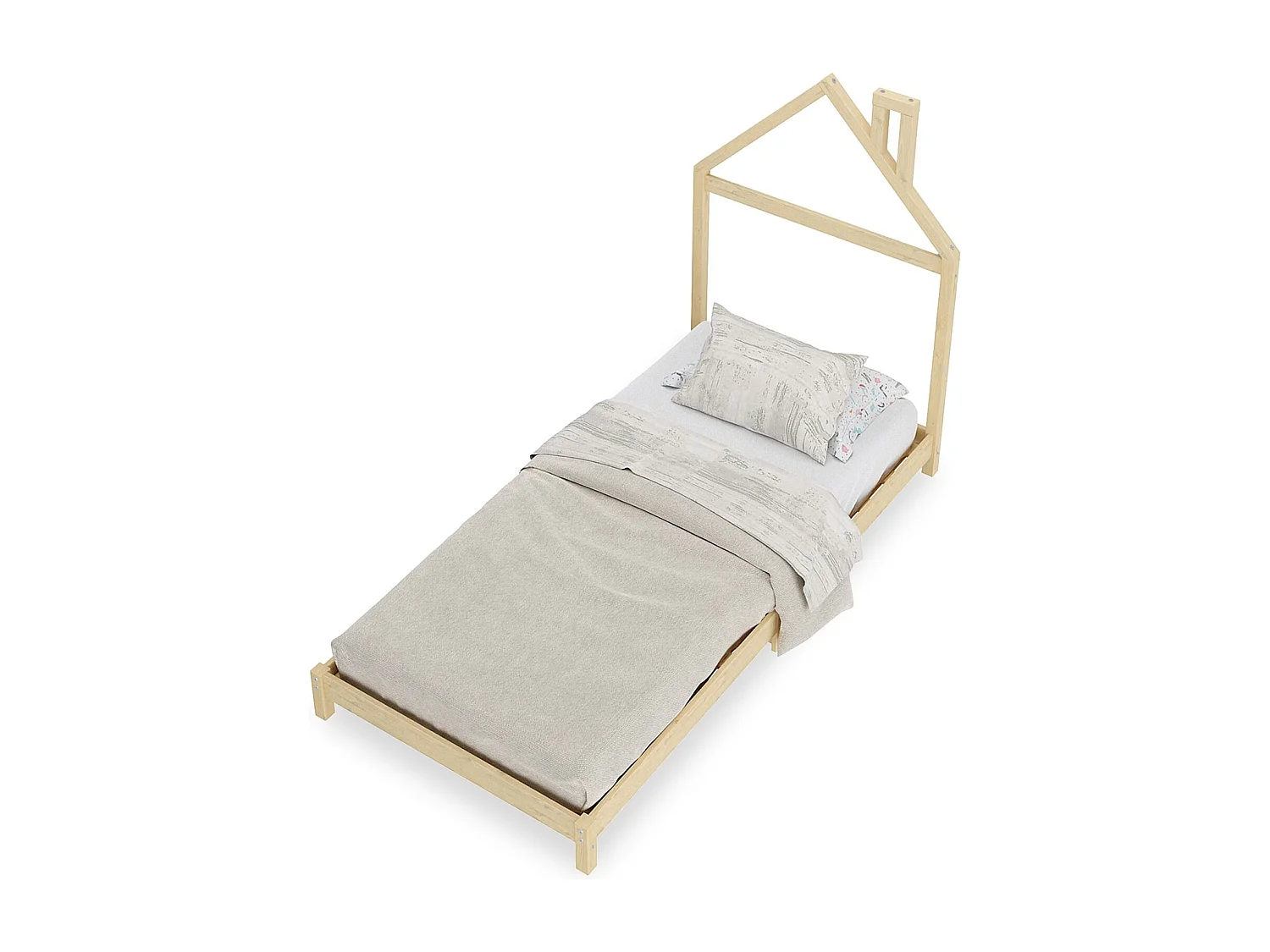 Lit enfant LIZ tête de lit en forme de maison, Lit au sol Montessori, Pour couchage 90 x 200 cm bois de pin massif, Coloris naturel