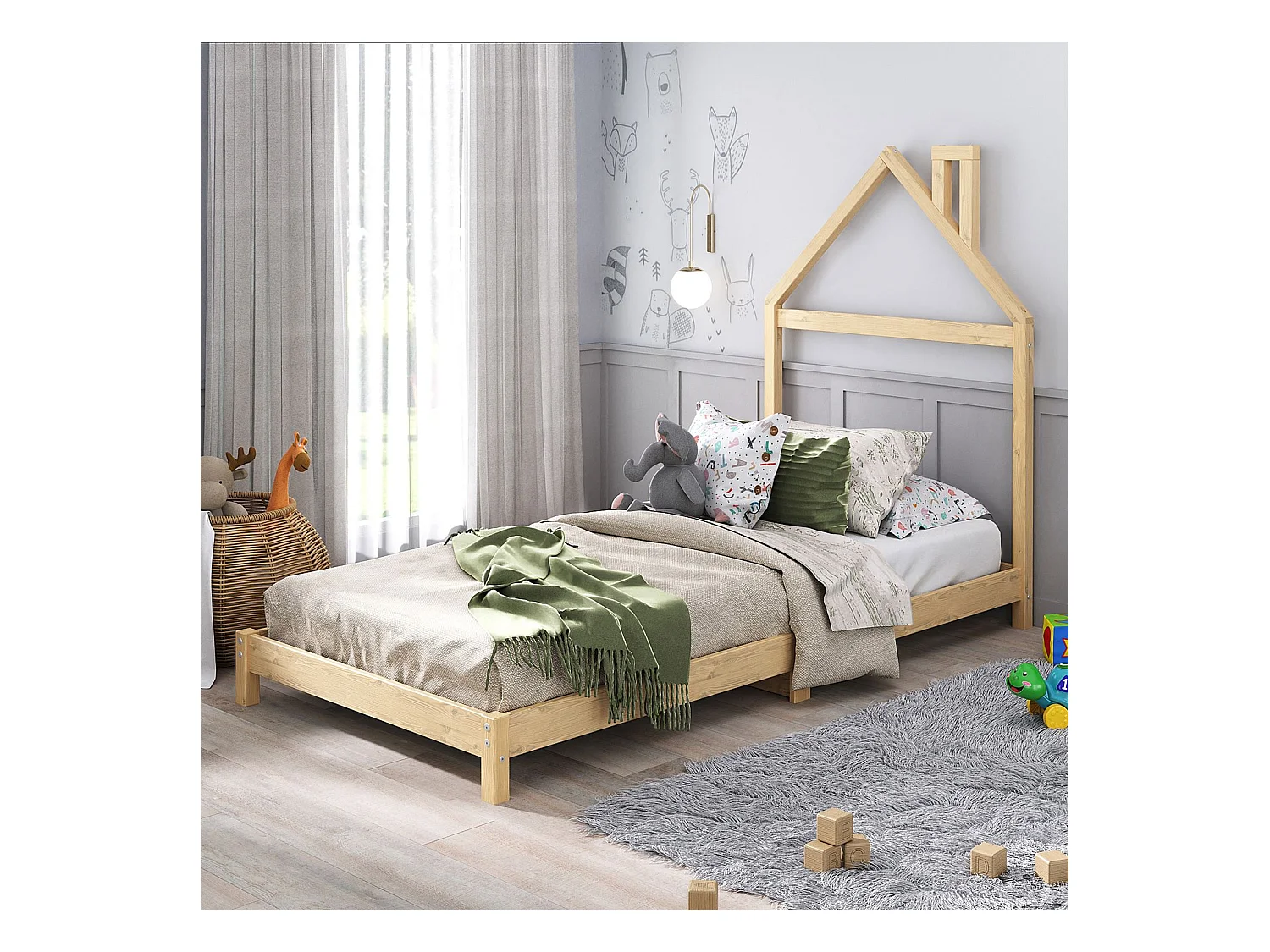 Lit enfant LIZ tête de lit en forme de maison, Lit au sol Montessori, Pour couchage 90 x 200 cm bois de pin massif, Coloris naturel