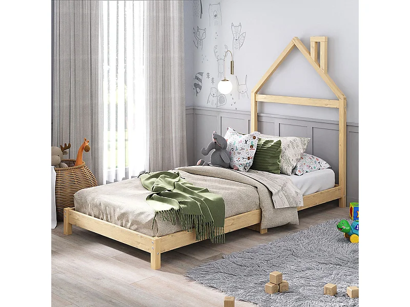 Lit enfant LIZ tête de lit en forme de maison, Lit au sol Montessori, Pour couchage 90 x 200 cm bois de pin massif, Coloris naturel