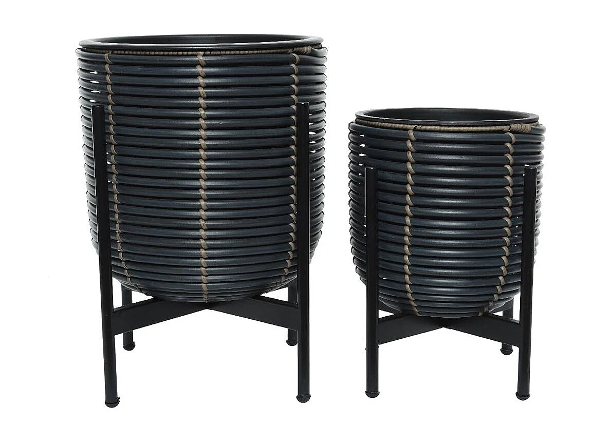 Lot de 2 cache-pots en polyrotin anthracite rond sur pieds - Jardideco