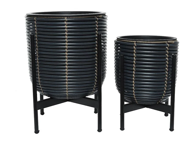 Lot de 2 cache-pots en polyrotin anthracite rond sur pieds - Jardideco