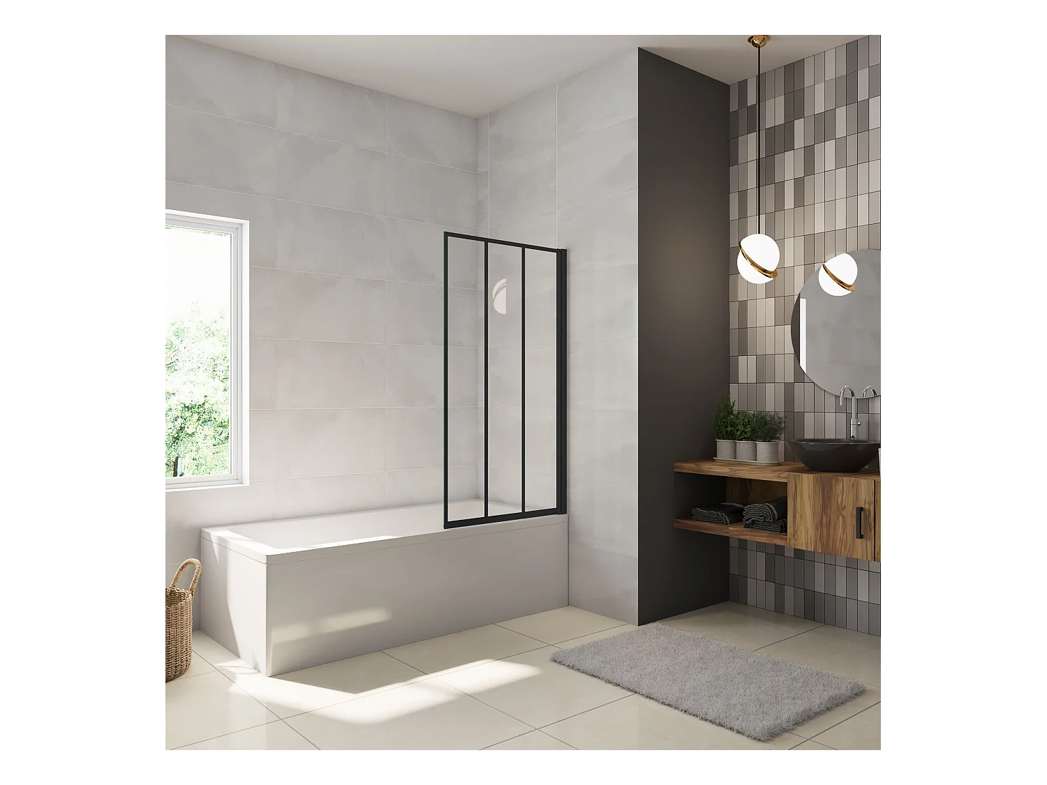 Mampara de bañera serigrafiada de líneas verticales negras Perfil Negro Mate Cristal Templado 4mm Tamaño:(780-800)x1400mm-AICA