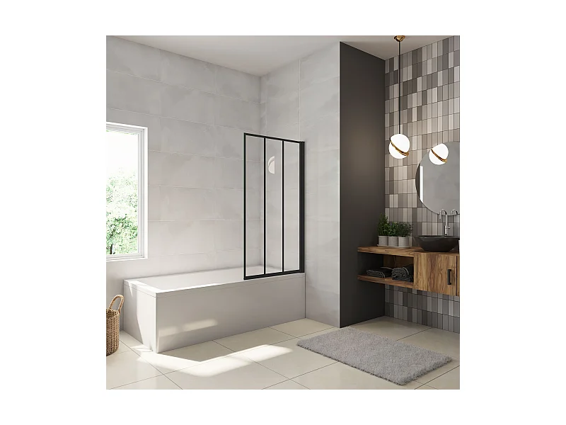 Mampara de bañera serigrafiada de líneas verticales negras Perfil Negro Mate Cristal Templado 4mm Tamaño:(680-700)x1400mm-AICA