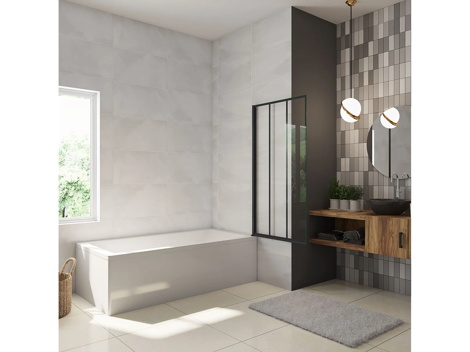 Painel de Banheira serigrafado com linhas verticais pretas Perfil preto mate Vidro temperado 4mm Tamanho:(680-700)x1400mm