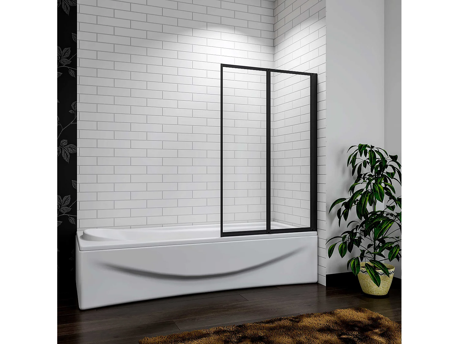 Mampara de Bañera 2 Hojas Plegables Vidrio Templado 4mm Perfil Negro Mate Tamaño:(890-900)x1400mm-AICA