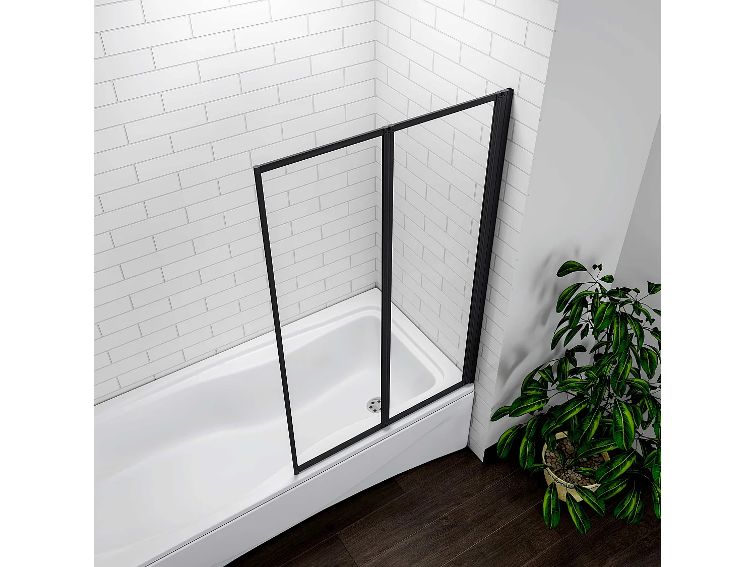 Mampara de Bañera 2 Hojas Plegables Vidrio Templado 4mm Perfil Negro Mate Tamaño:(890-900)x1400mm-AICA