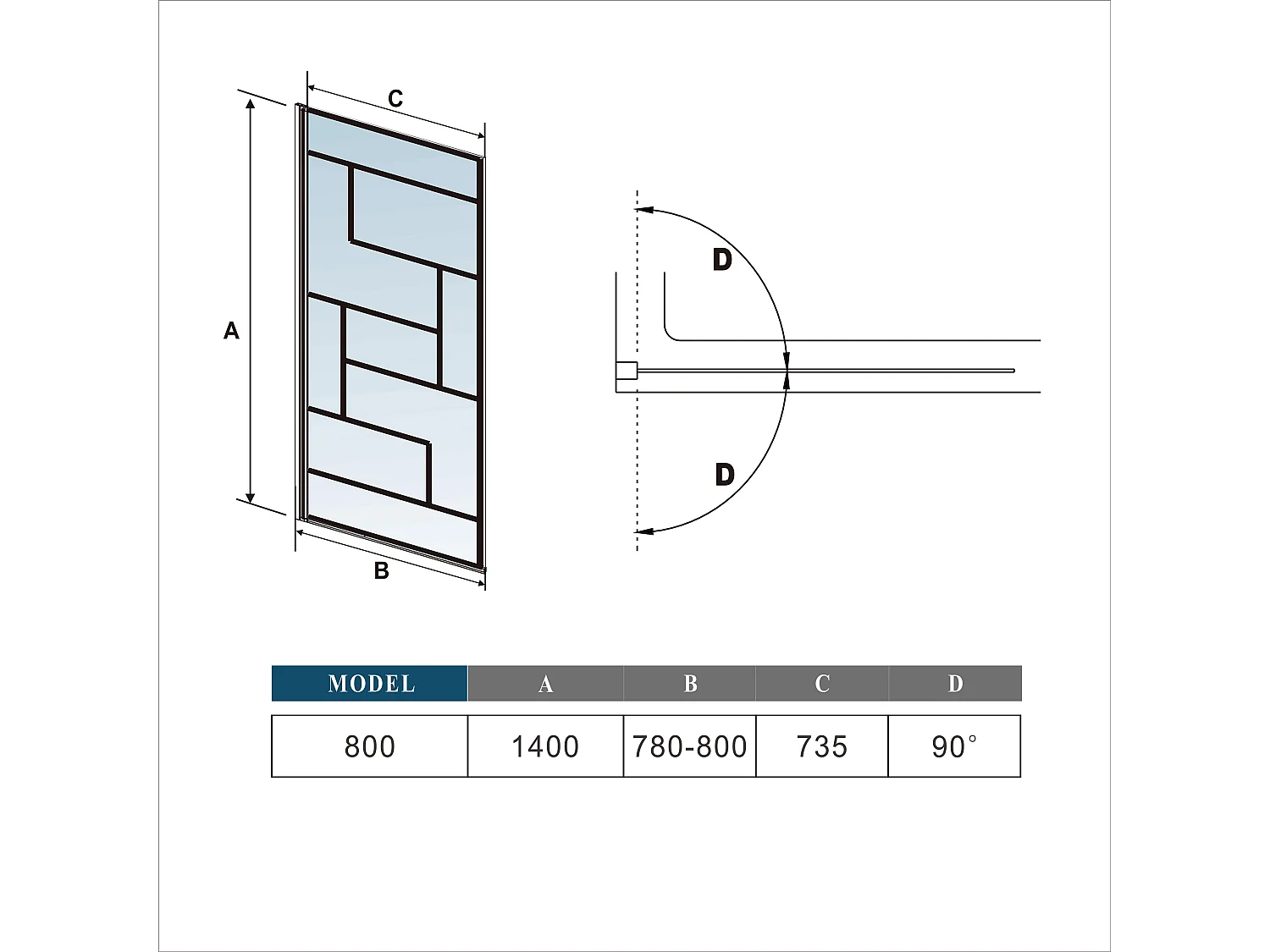 Mampara de Bañera Serigrafiada de línea negra con Perfil Negro Mate Abatible 1 Hoja Cristal Templado 6mm Tamaño:(780-800)x1400mm-AICA