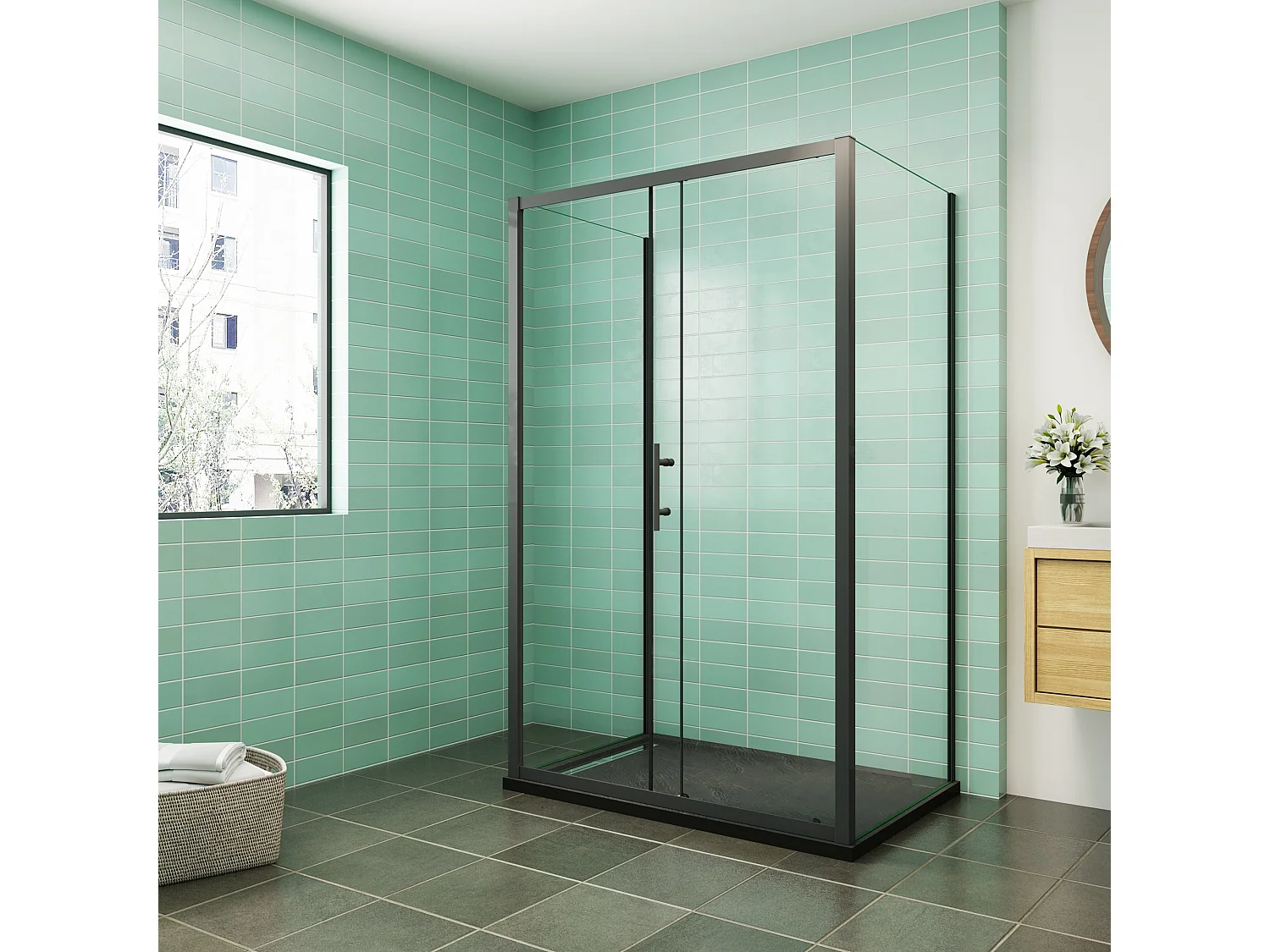 Porta de duche correr frontal e dois Painéis laterais vidro temperado 5mm Perfil preto mate (780-800)x(1363-1403)x(780-800)x1850mm-AICA