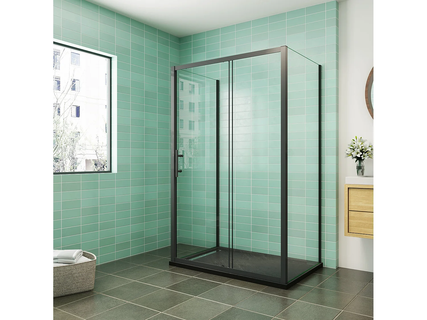 Porta de duche correr frontal e dois Painéis laterais vidro temperado 5mm Perfil preto mate (680-700)x(1063-1103)x(680-700)x1850mm-AICA