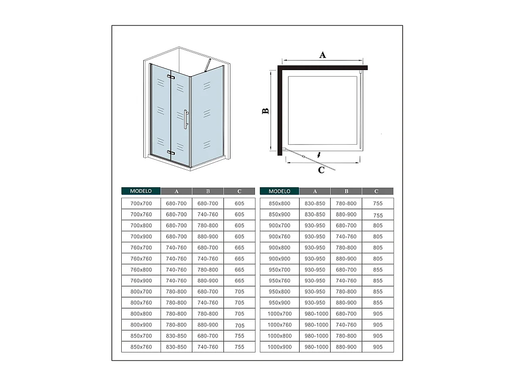 Porta de duche de fole e Painel lateral uma Barra 50cm Perfil cromado Vidro Anticalcário 6mm (1080-1100)x(680-700)x1950mm-AICA