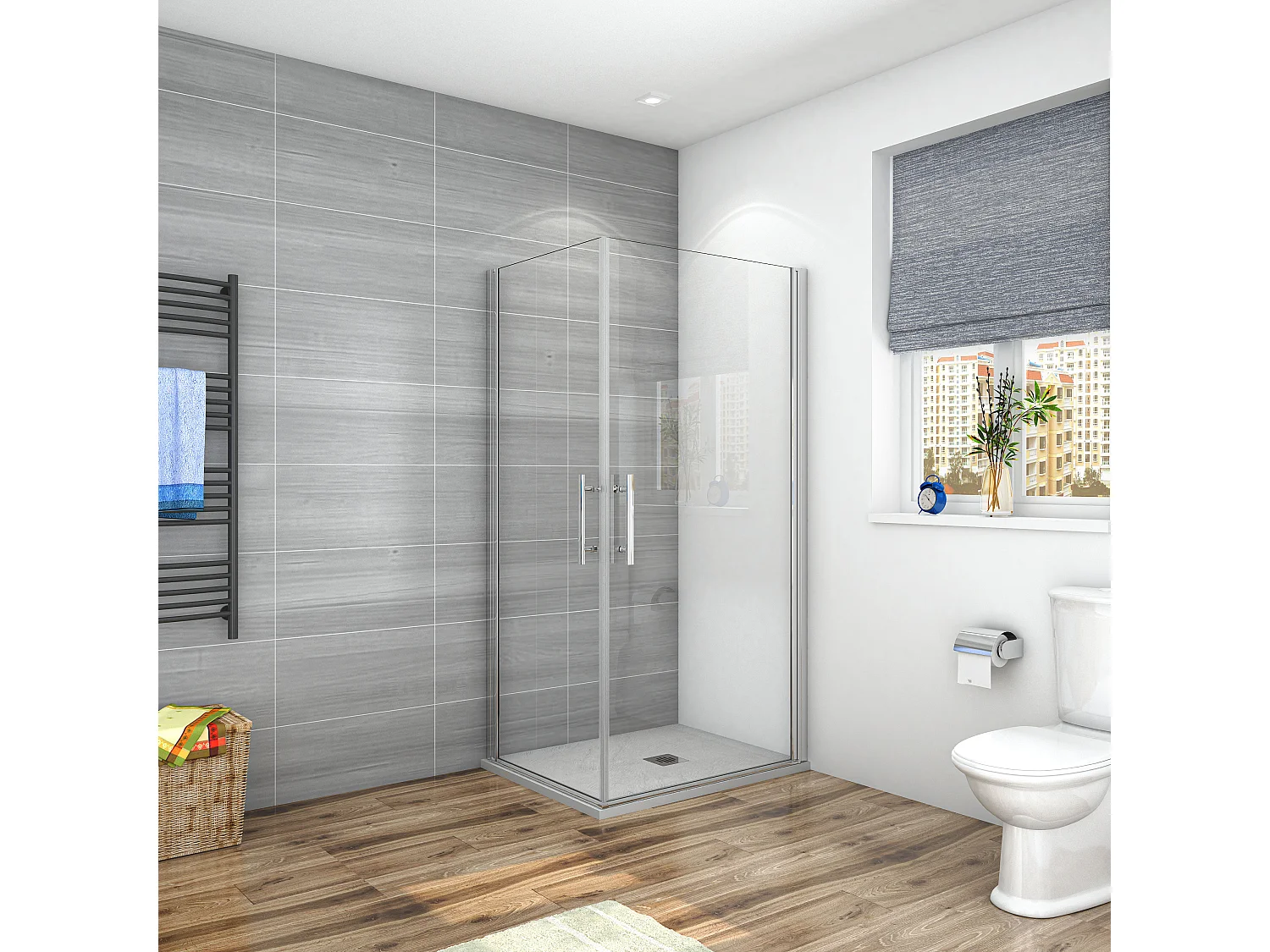 AICA Mampara de Ducha Rectangular Abatible Perfil Cromado Antical 6mm (980-1000)x(880-900)x1950mm+Plato de Ducha 90x100x3cm textura pizarra+Desagüe