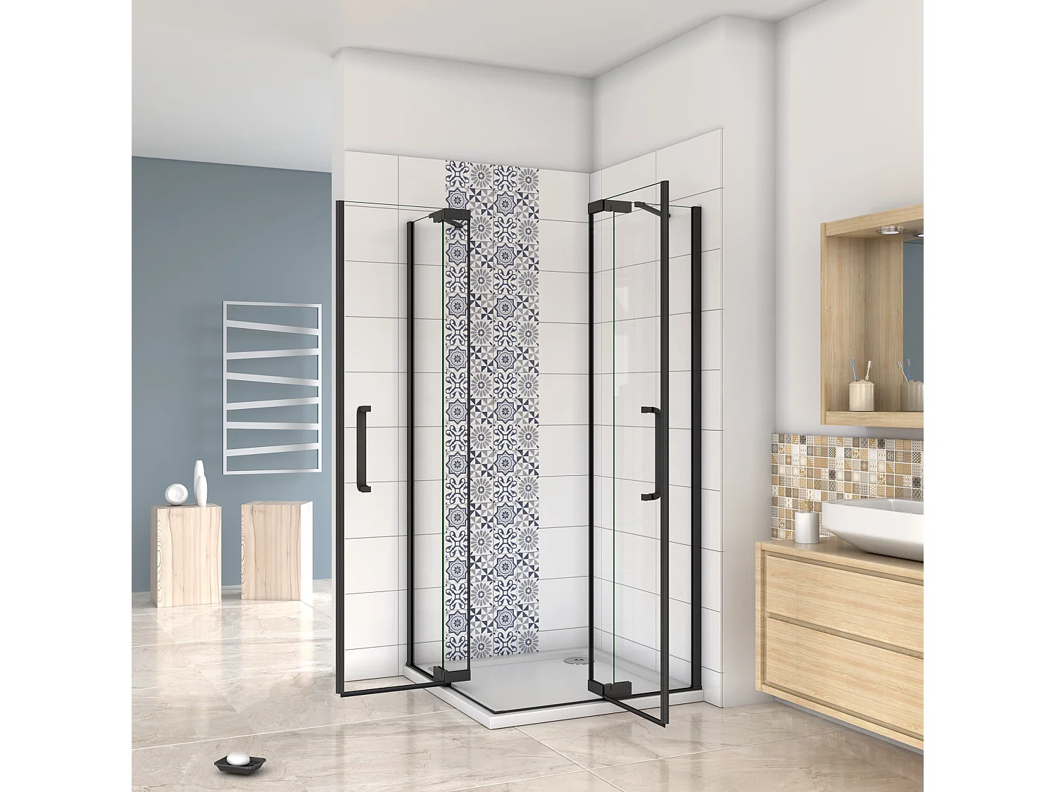 Cabine de duche quadrada Bater Perfil preto mate com Barra Estabilizadora Vidro Anticalcário 8mm (1168-1208)x(1168-1208)x1950mm-AICA