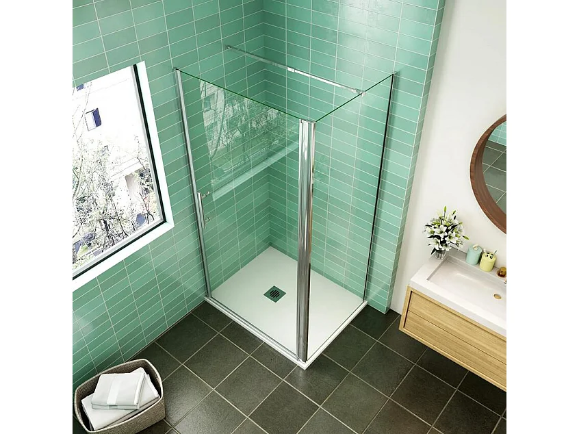 AICA Mampara de Ducha Frontal Abatible+Panel lateral,Barra Fija 140cm,Perfil Cromado Vidrio Antical 6mm (1080-1100)x(680-700)x1950mm