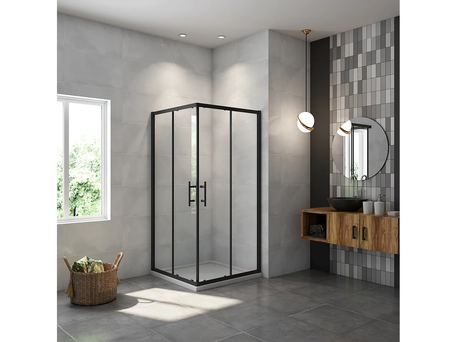 Cabine de duche quadrada correr Perfil preto mate Vidro Anticalcário 6mm (980-1000)x(980-1000)x1900mm-AICA
