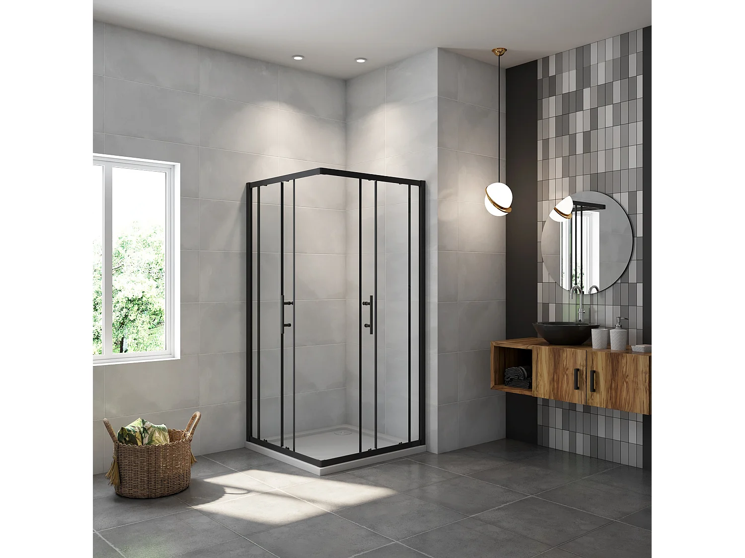 Cabine de duche quadrada correr Perfil preto mate Vidro Anticalcário 6mm (980-1000)x(980-1000)x1900mm-AICA