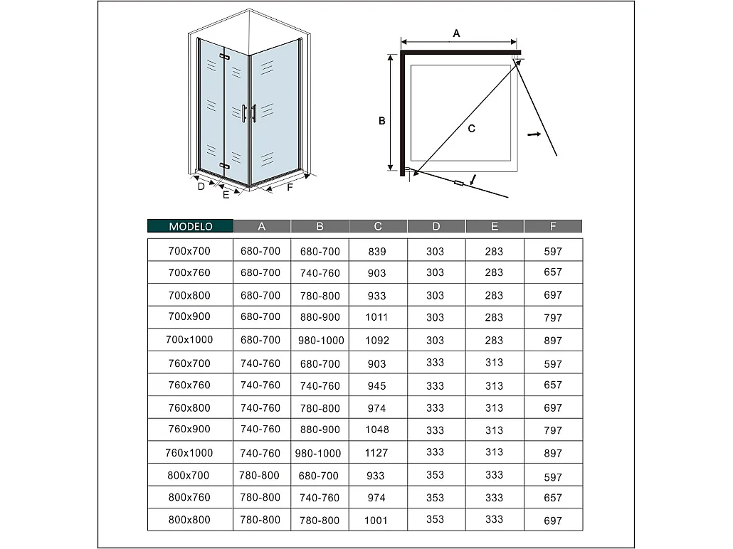Cabine de duche rectangular combinada com Porta de Bater e Fole de Vidro Anticalcário de 6mm Tamanho:(740-760)x(880-900)x1950mm-AICA