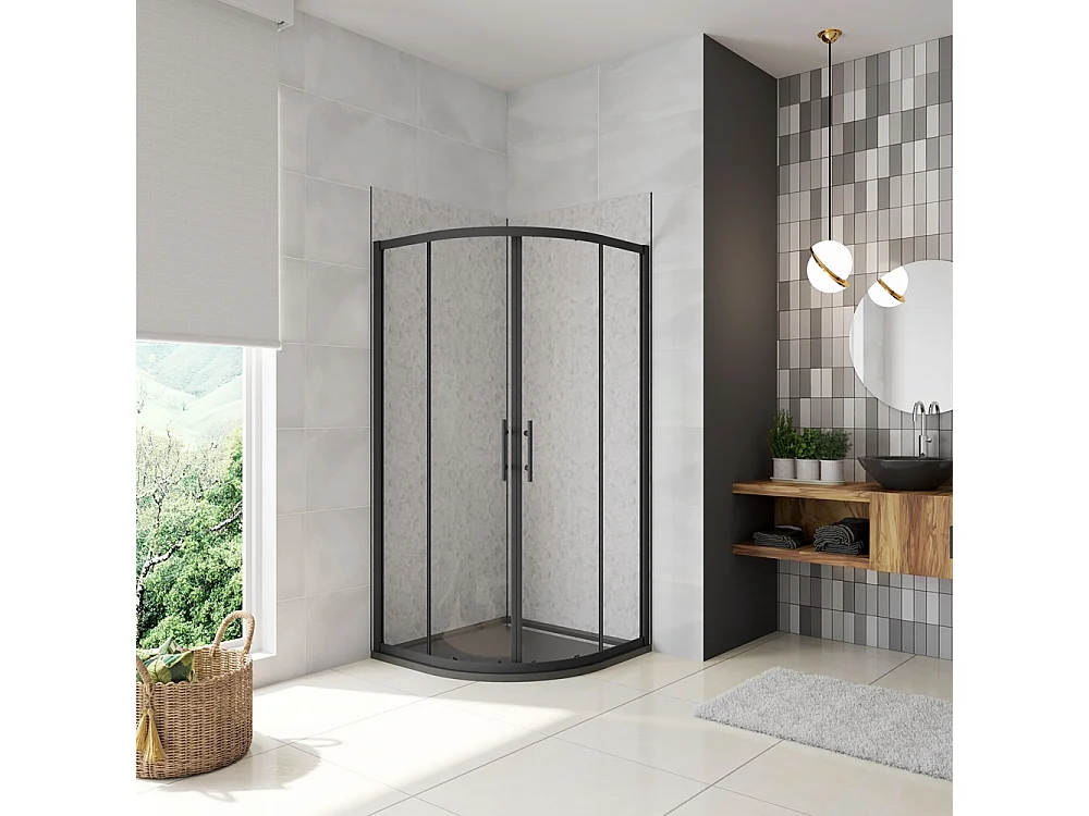 Cabine de duche 1/4 círculo correr Perfil preto mate Vidro temperado 5mm (880-900)x(880-900)x1850mm-AICA