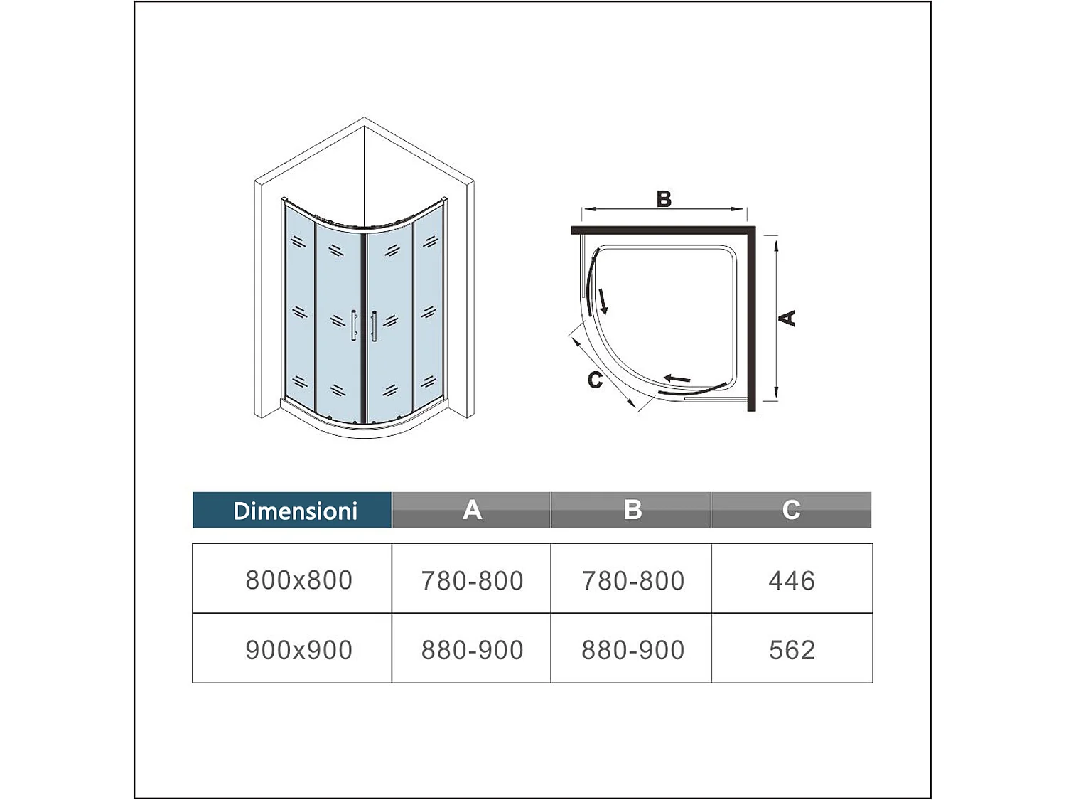 Cabine de duche 1/4 círculo correr Perfil preto mate Vidro temperado 5mm (880-900)x(880-900)x1850mm-AICA