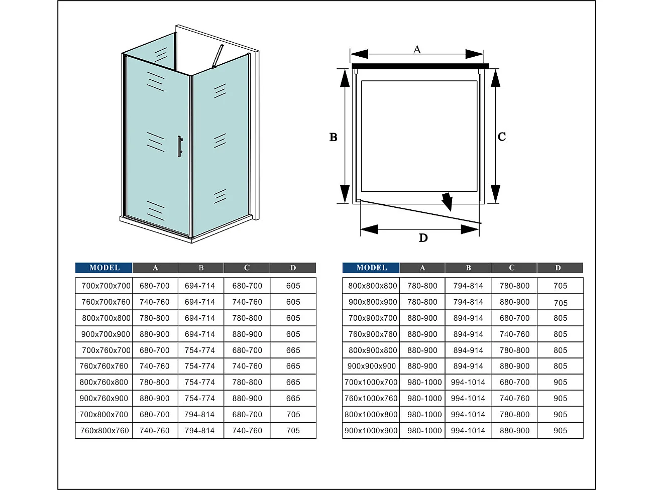 AICA Mampara de Ducha Frontal Abatible+Paneles Laterales,Vidrio Antical 6mm,Perfil Cromado (880-900)x(994-1014)x(880-900)x1950mm