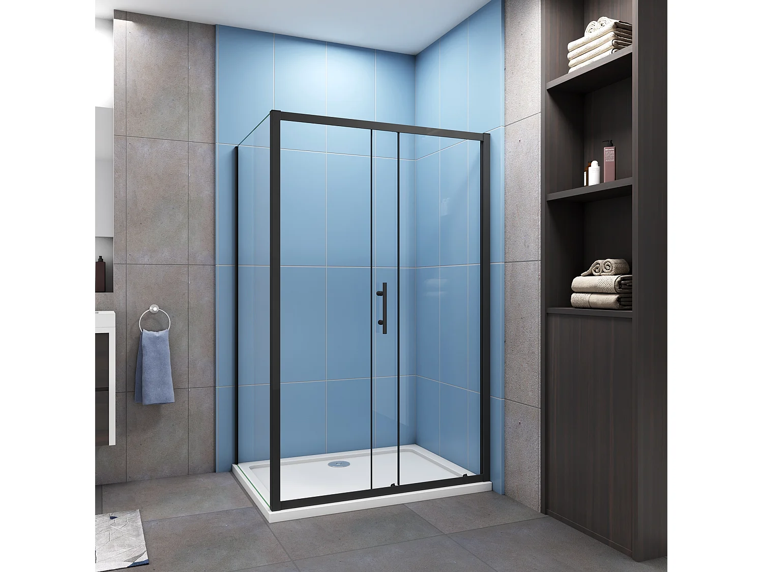 Porta de duche correr frontal com um Painel lateral vidro temperado 5mm Perfil preto mate (1061-1101)x(680-700)x1850mm-AICA