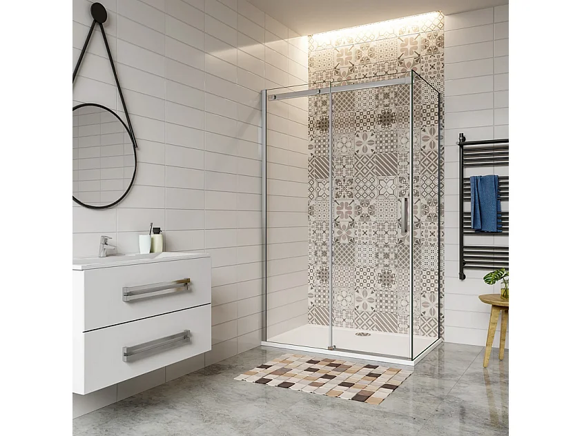 Porta de correr frontal e Painel lateral Perfil cromado Vidro temperado 6mm (1525-1545)x(783-803)x1950mm-AICA