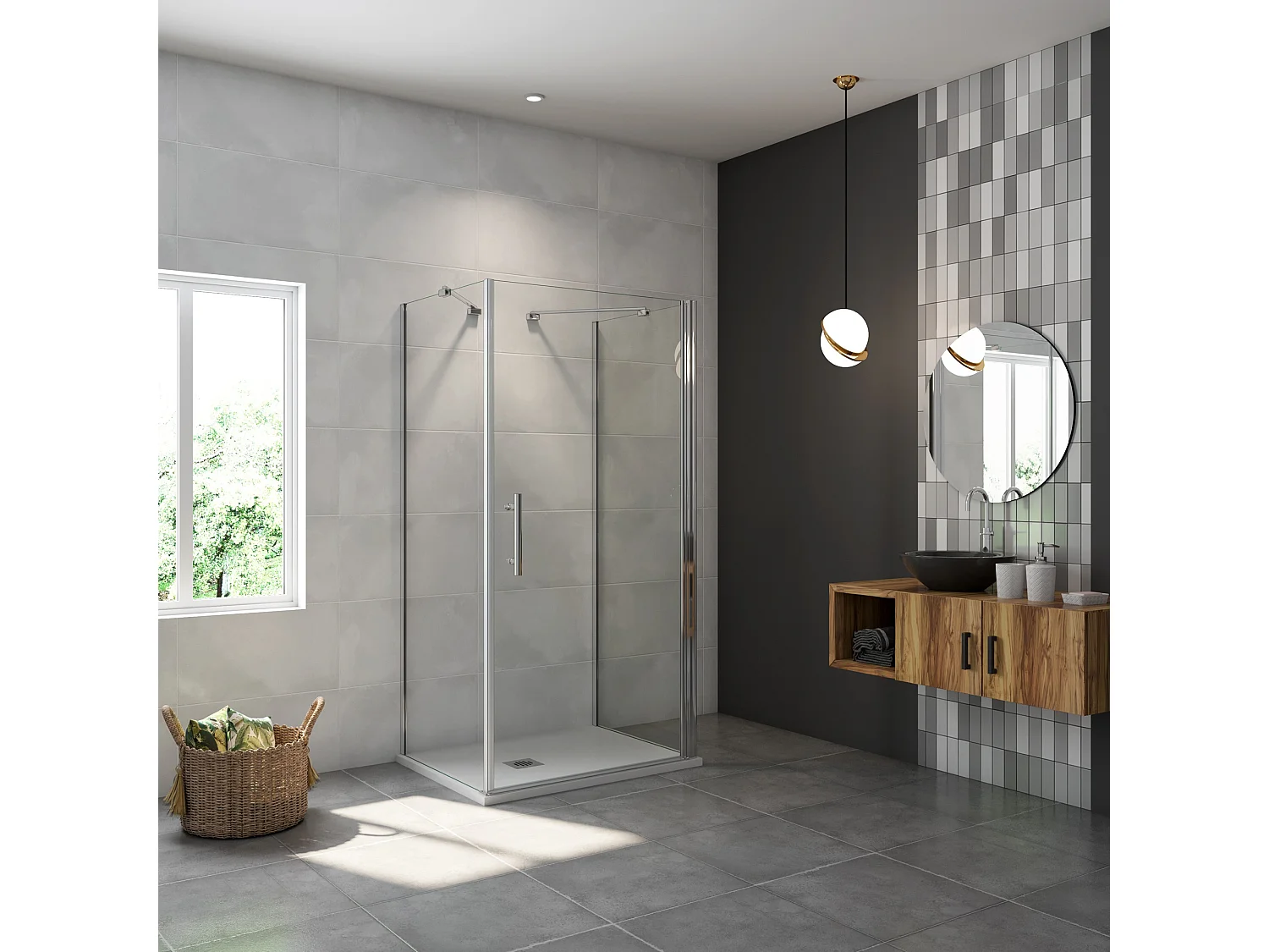 AICA Mampara de Ducha Frontal Abatible+Paneles Laterales,Vidrio Antical 6mm,Perfil Cromado (880-900)x(894-914)x(880-900)x1950mm