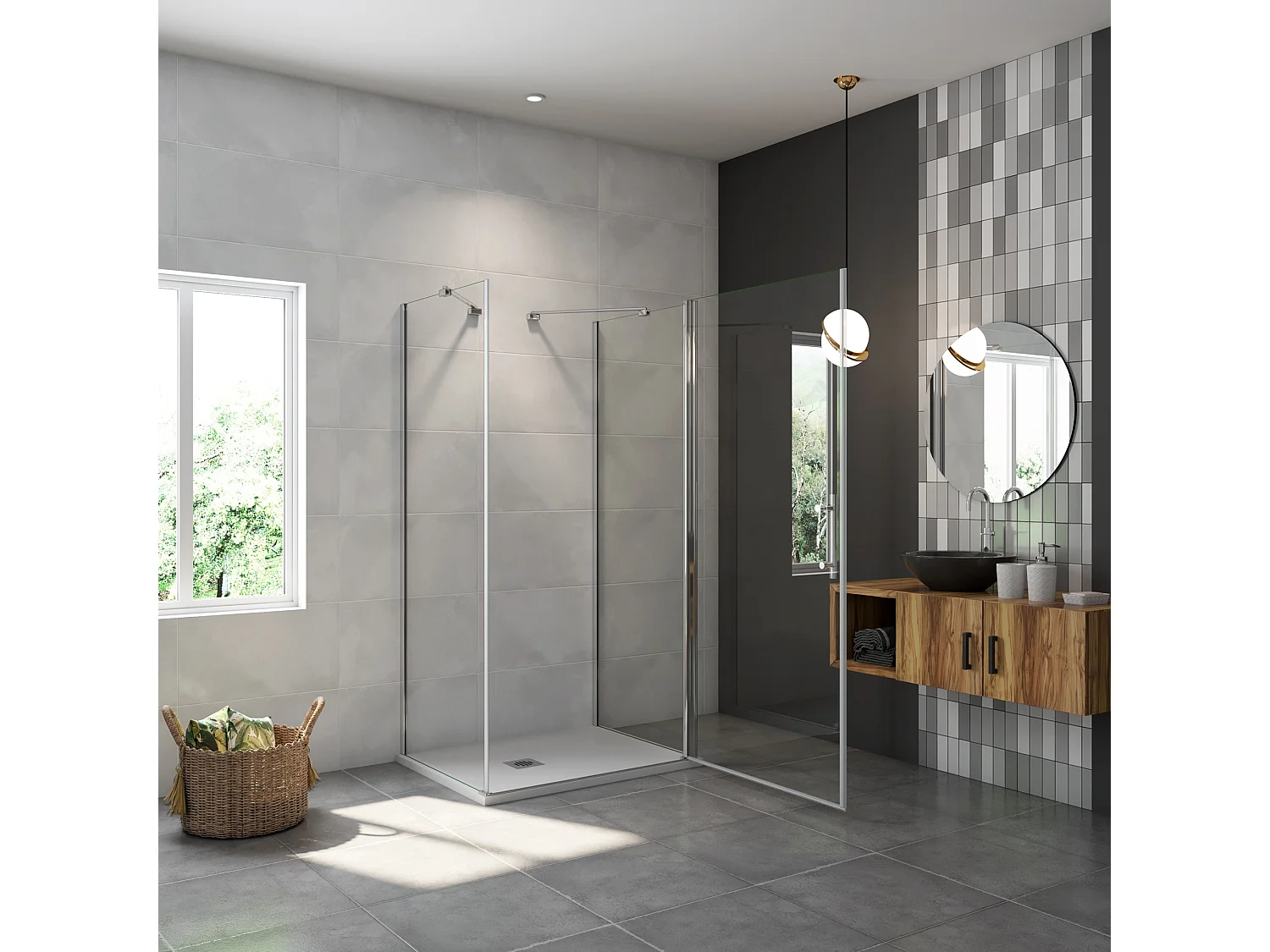 AICA Mampara de Ducha Frontal Abatible+Paneles Laterales,Vidrio Antical 6mm,Perfil Cromado (880-900)x(894-914)x(880-900)x1950mm