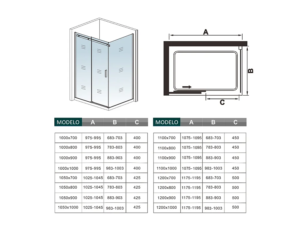 AICA Mampara Corredera Frontal+Panel Lateral,Perfil Cromado,Vidrio Antical 8mm (1175-1195)x(783-803)x1950mm
