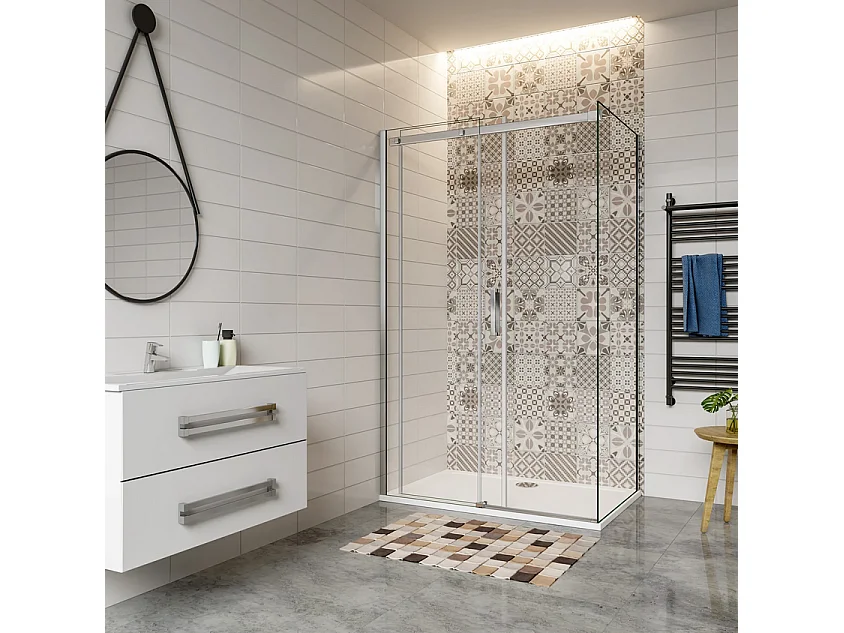 Porta de correr frontal e Painel lateral Perfil cromado Vidro temperado 6mm (1125-1145)x(883-903)x1950mm-AICA