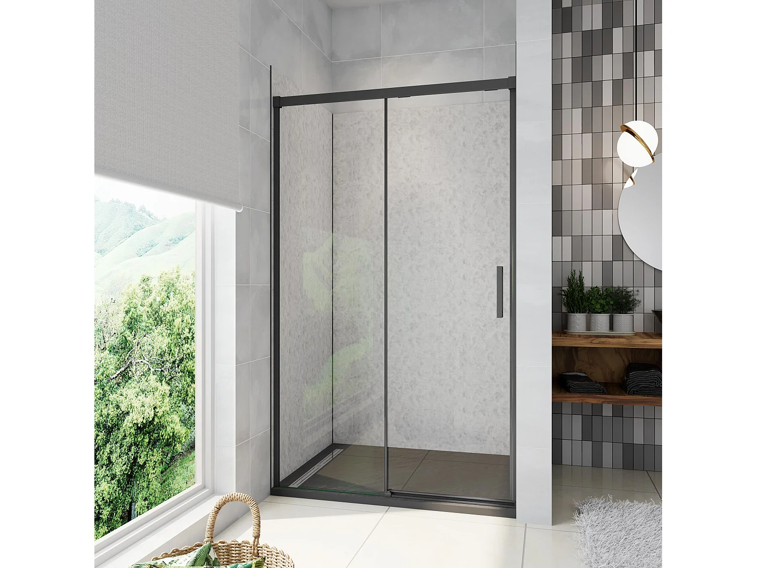 Porta de duche correr Vidro Anticalcário de 8mm Esayclean perfil preto mate Tamanho:(1160-1200)x1950mm-AICA