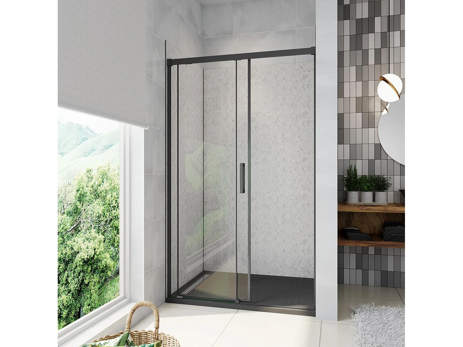 Porta de duche correr Vidro Anticalcário de 8mm Esayclean perfil preto mate Tamanho:(1160-1200)x1950mm-AICA