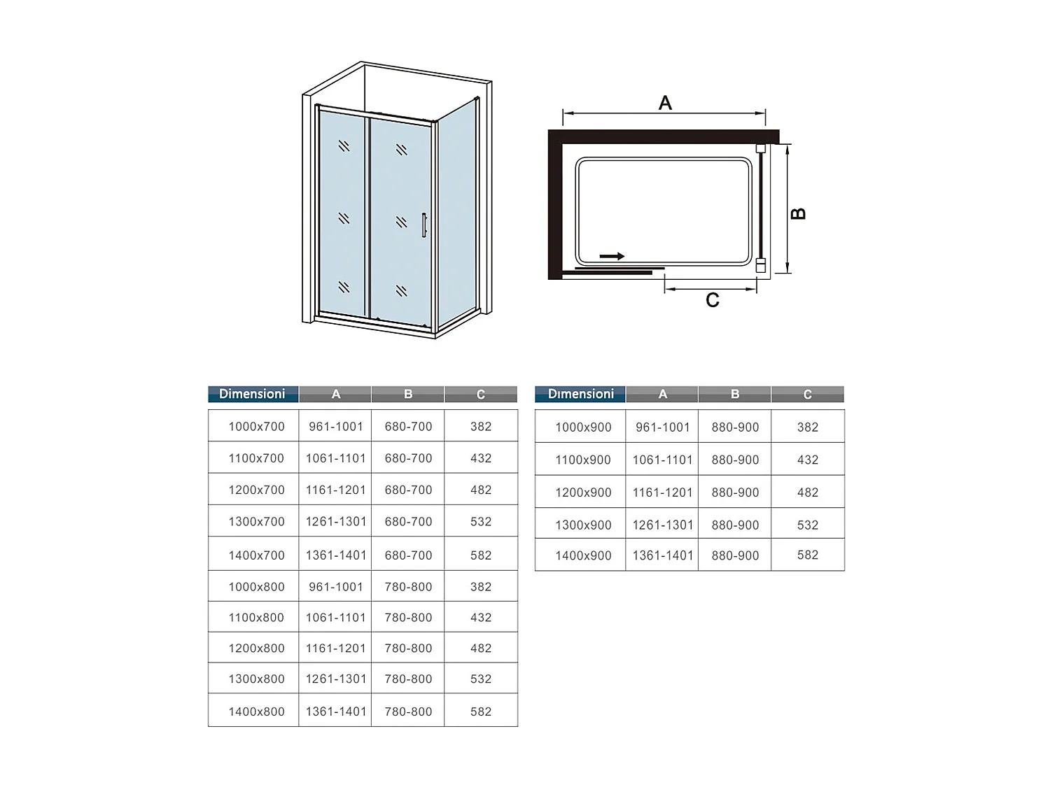 AICA Mampara de Ducha Rectangular Corredera Frontal+Panel Fijo Cristal Templado 5mm Perfil Negro Mate (1261-1301)x(680-700)x1850mm