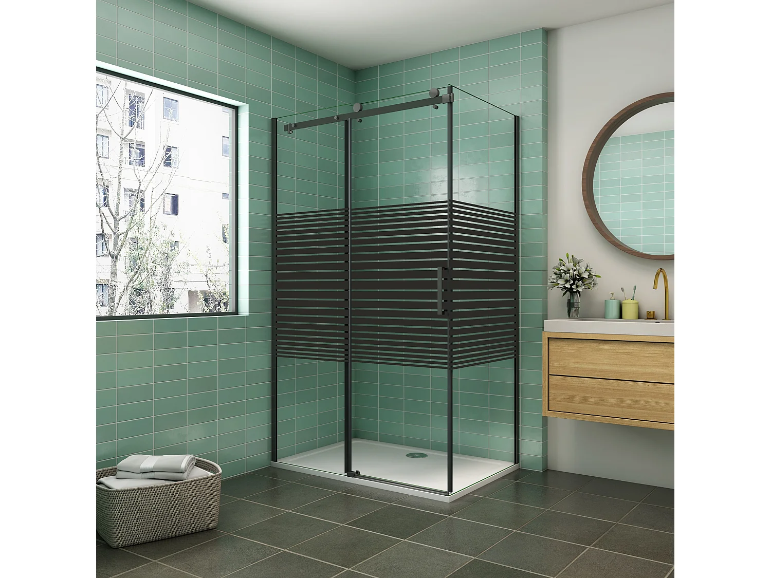 AICA Mampara de Ducha Corredera Frontal+Panel Lateral,Perfil Negro Mate,Vidrio Templado Serigrafiado 8mm Antical (1175-1195)x(683-703)x2000mm