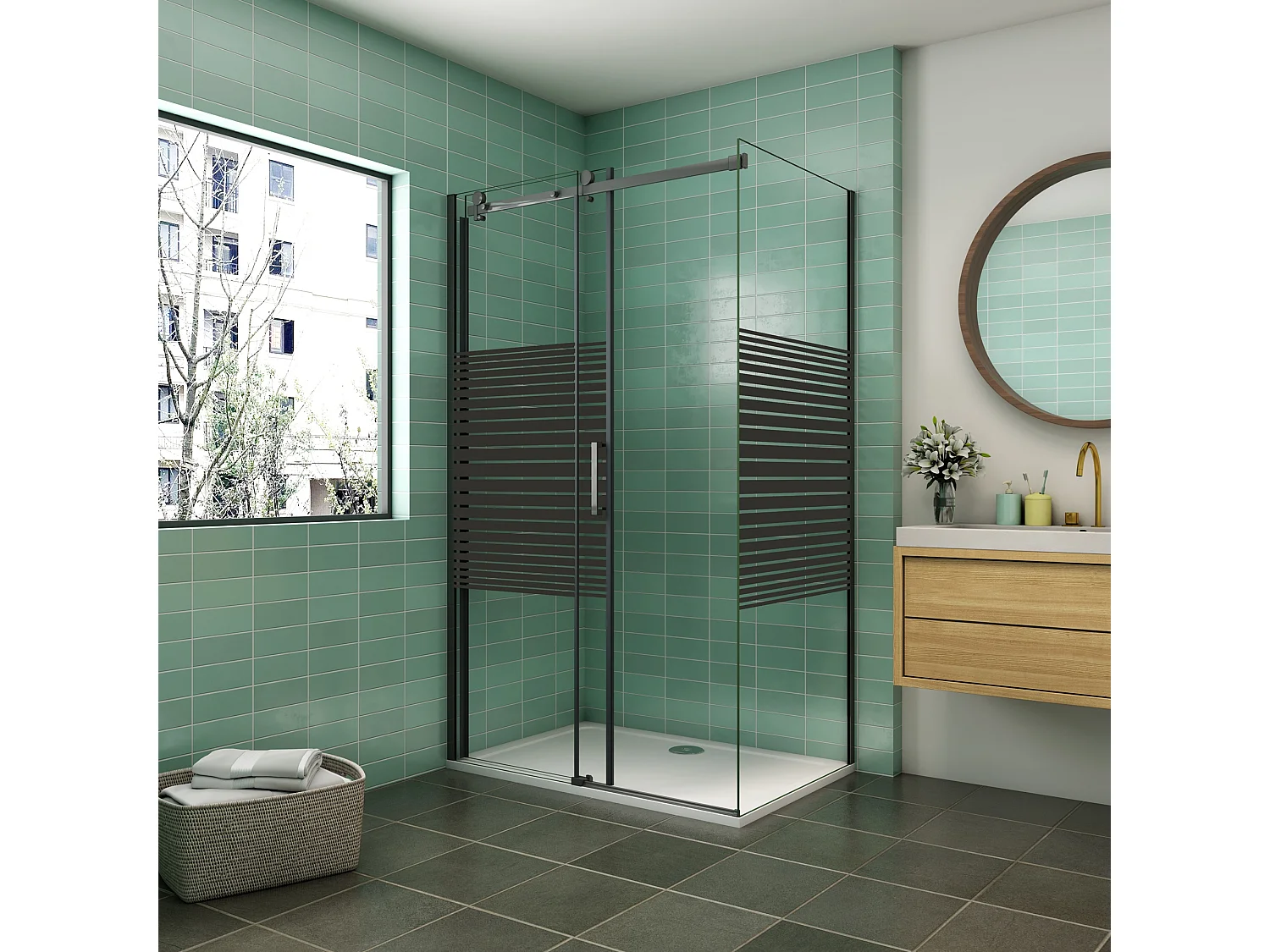 AICA Mampara de Ducha Corredera Frontal+Panel Lateral,Perfil Negro Mate,Vidrio Templado Serigrafiado 8mm Antical (1175-1195)x(683-703)x2000mm