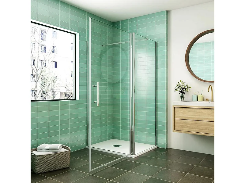 AICA Mampara de Ducha Frontal Abatible+Panel lateral,Barra Fija 140cm,Perfil Cromado Vidrio Antical 6mm (1080-1100)x(880-900)x1950mm