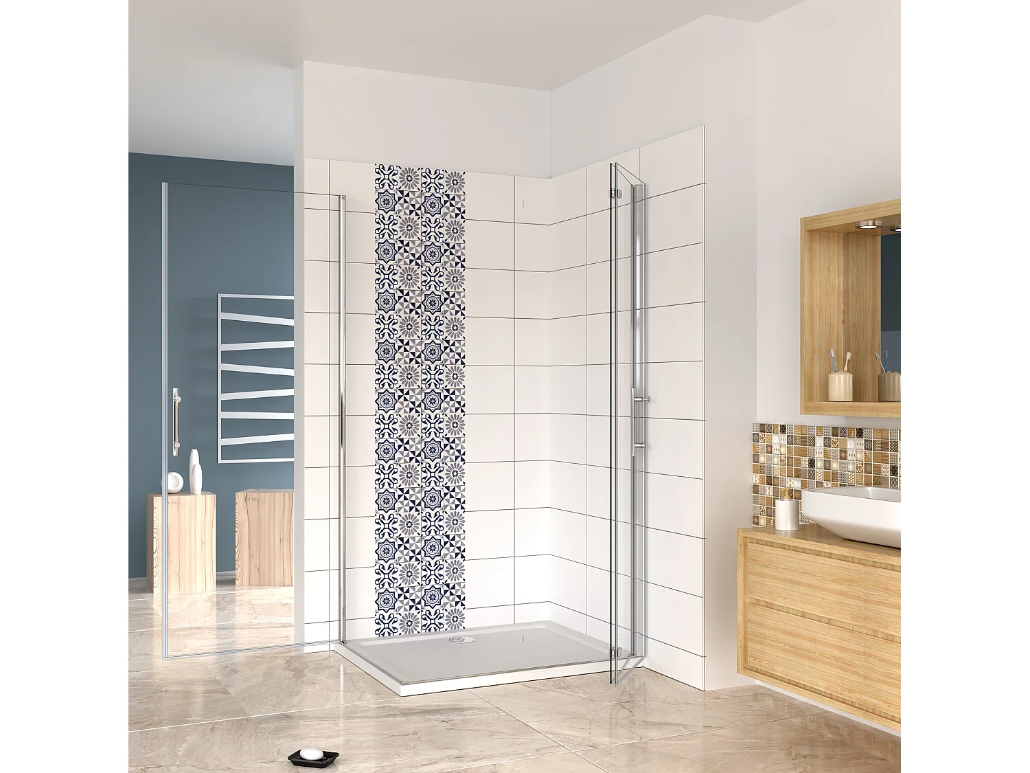 AICA Mampara de Ducha Rectangular Angular Combinada con Mampara Abatible y Plegable de Vidrio Antical de 6mm (680-700)x(930-950)x1950mm