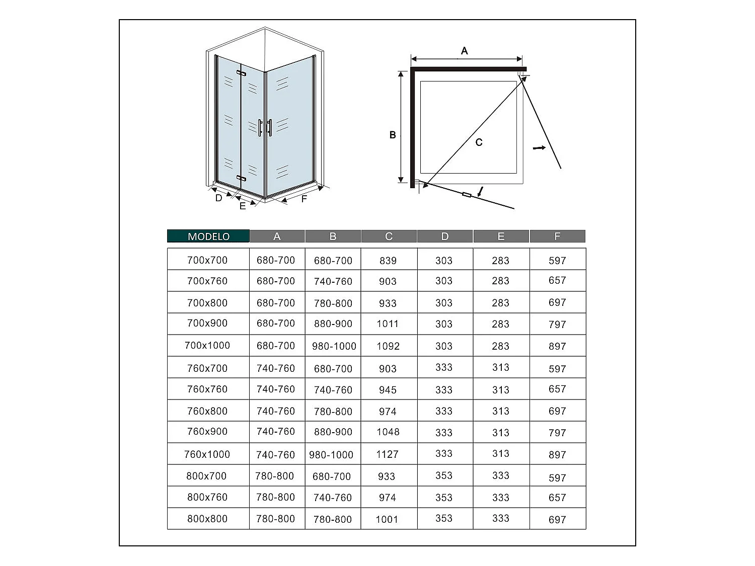 Cabine de duche rectangular combinada com Porta de Bater e Fole de Vidro Anticalcário de 6mm Tamanho:(680-700)x(930-950)x1950mm-AICA