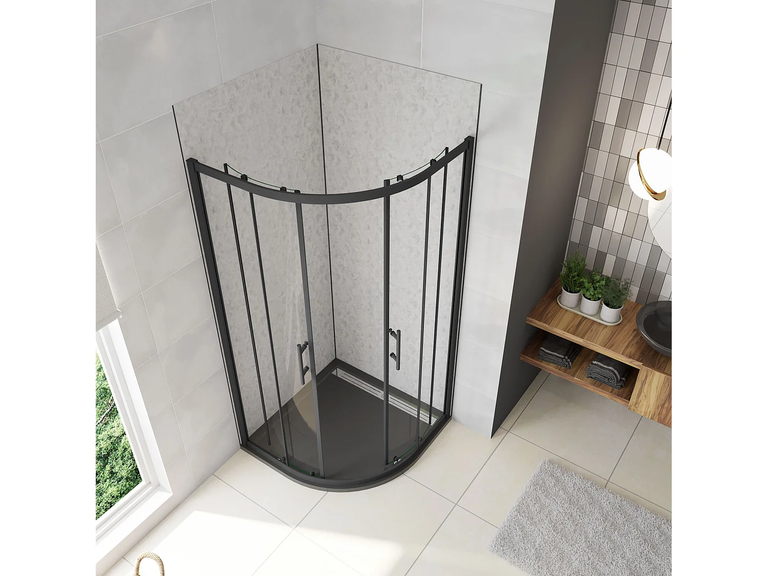 Cabine de duche 1/4 círculo correr Perfil preto mate Vidro temperado 5mm (780-800)x(780-800)x1850mm-AICA