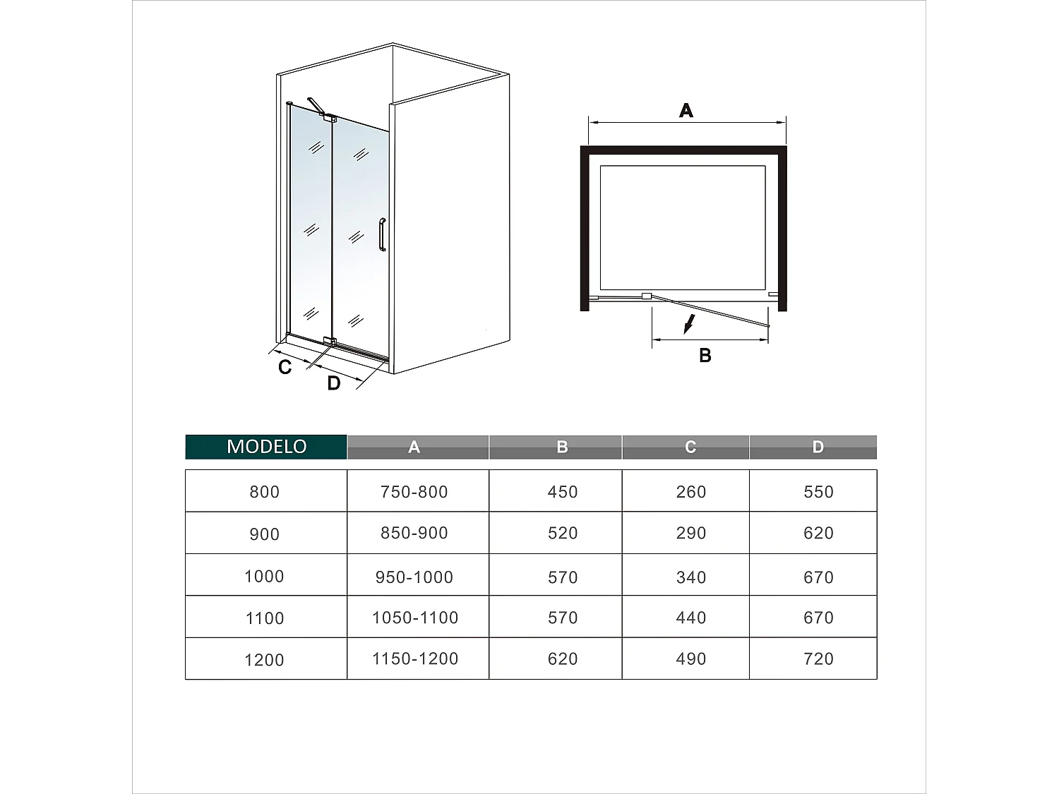 AICA Mampara de Ducha Frontal Abatible 2 Hojas,Perfil Negro Mate,Barra 300mm,Vidrio Antical 8mm (950-1000)x1950mm