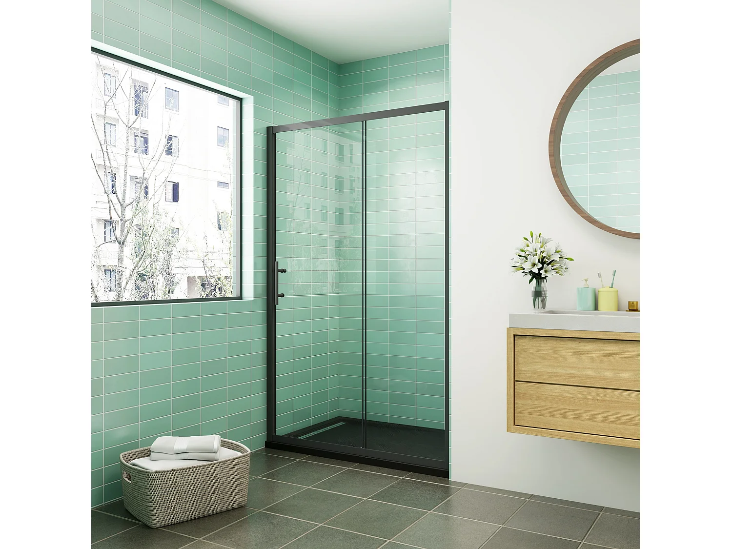 Porta de duche de correr frontal vidro temperado 5 mm perfil preto fosco (960-1000) x 1850 mm-AICA