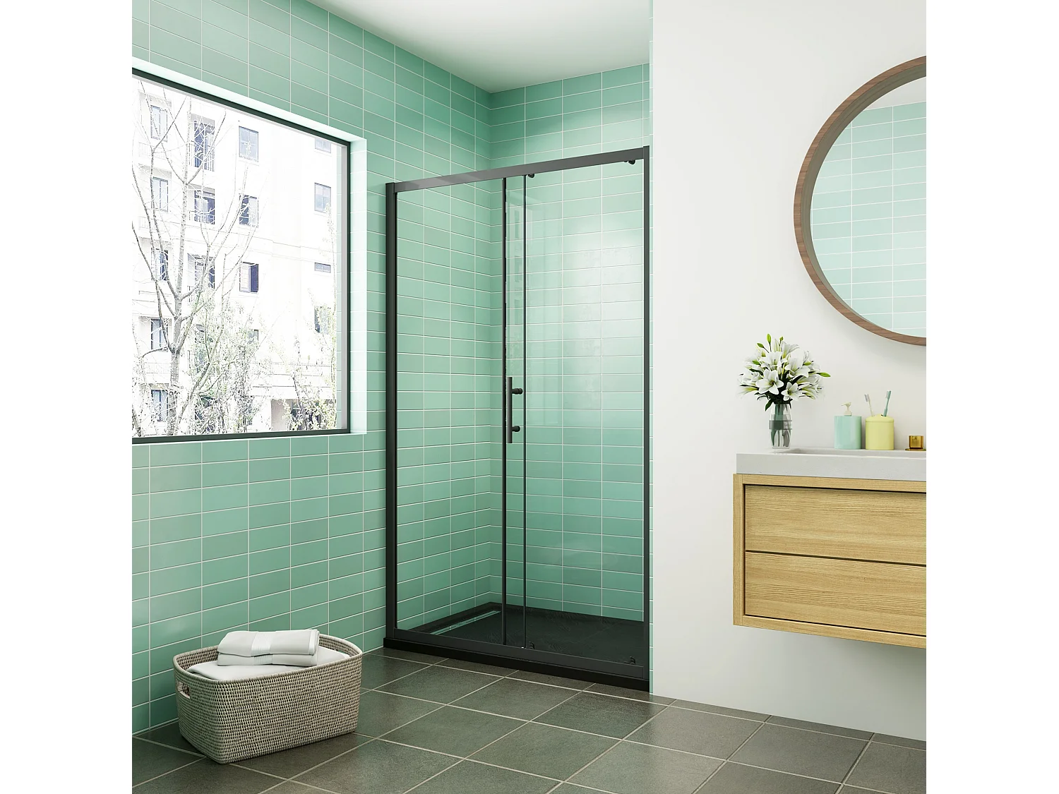 AICA Mampara de Ducha Frontal Corredera Cristal Templado 5mm Perfil Negro Mate (960-1000)x1850mm