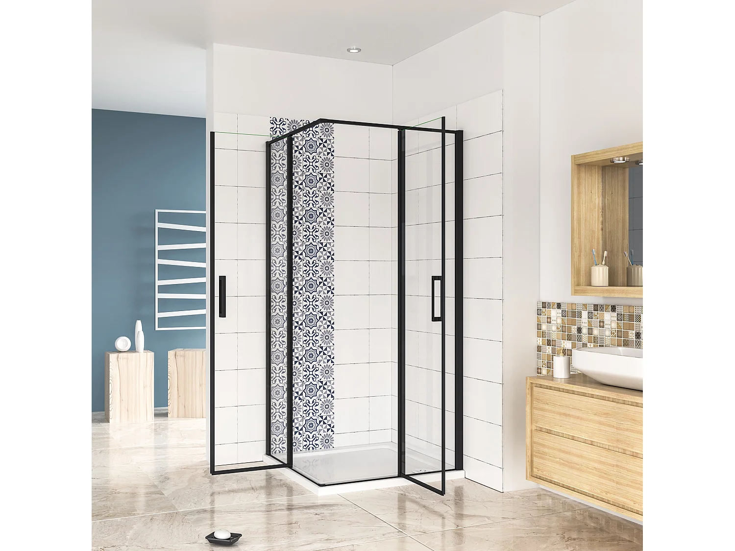 Cabine de duche rectangular Bater giratória Perfil preto mate Vidro Anticalcário 6mm (1177-1192)x(777-792)x1850mm-AICA