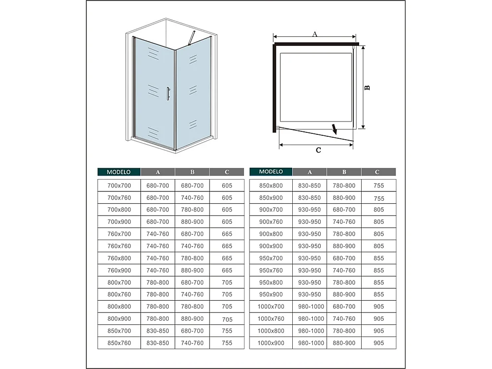 Porta de duche Bater e Painel lateral uma Barra fixa 140cm Perfil cromado Vidro Anticalcário 6mm (930-950)x(880-900)x1950mm-AICA