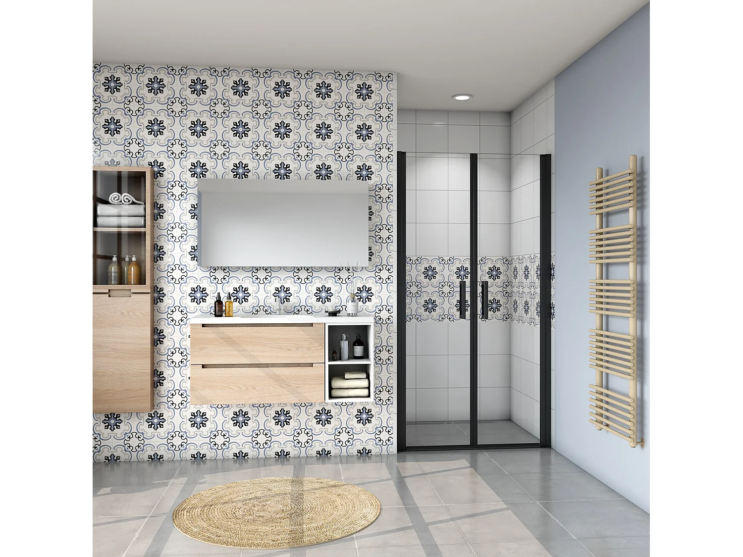 AICA Mampara de Ducha Frontal Abatible Dos Hojas Perfil Negro Mate Vidrio Antical 8mm (860-900)x2000mm