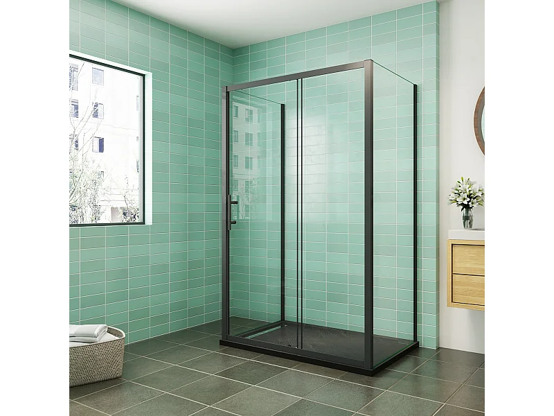 Porta de duche correr frontal e dois Painéis laterais vidro temperado 5mm Perfil preto mate (780-800)x(1063-1103)x(780-800)x1850mm-AICA