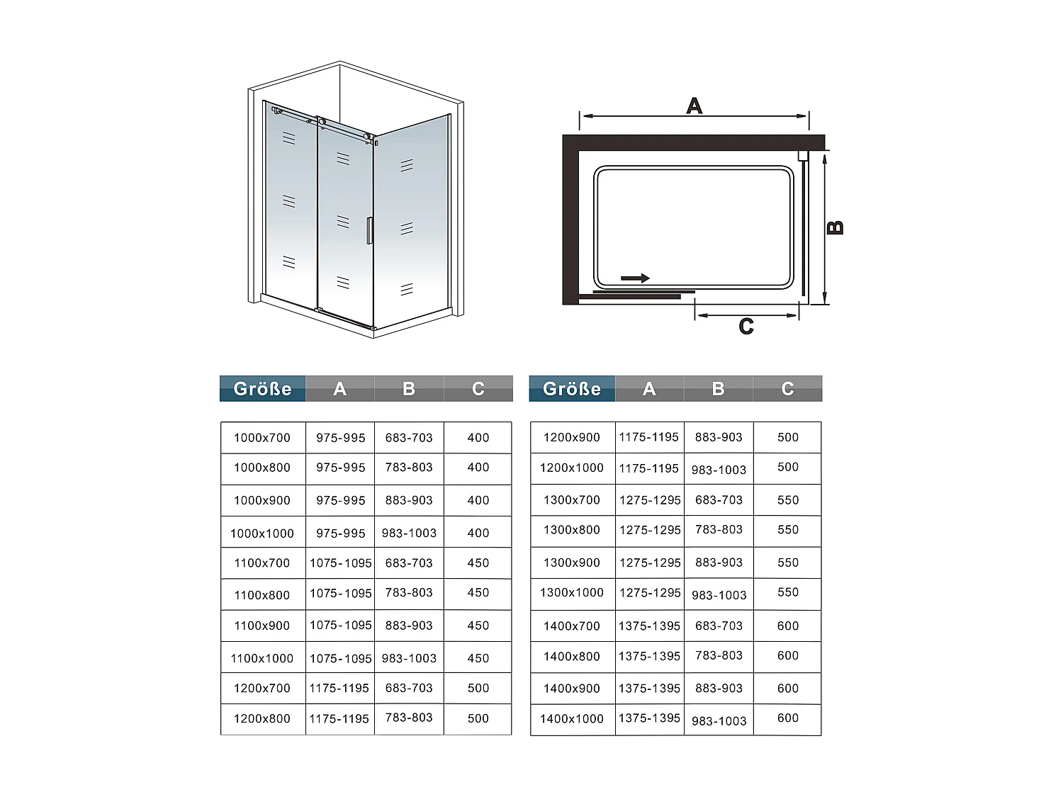 AICA Mampara de Ducha Corredera Frontal+Panel Lateral,Perfil Negro Mate,Vidrio Templado 8mm con Tratamiento Antical (1375-1395)x(683-703)x2000mm