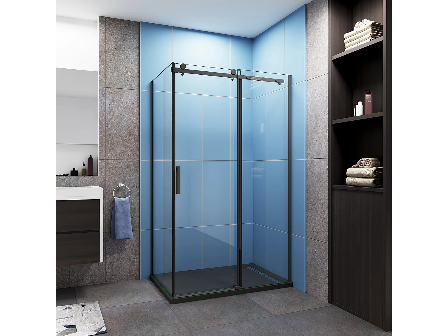 AICA Mampara de Ducha Corredera Frontal+Panel Lateral,Perfil Negro Mate,Vidrio Templado 8mm Tratamiento Antical,(975-995)x(683-703)x2000mm