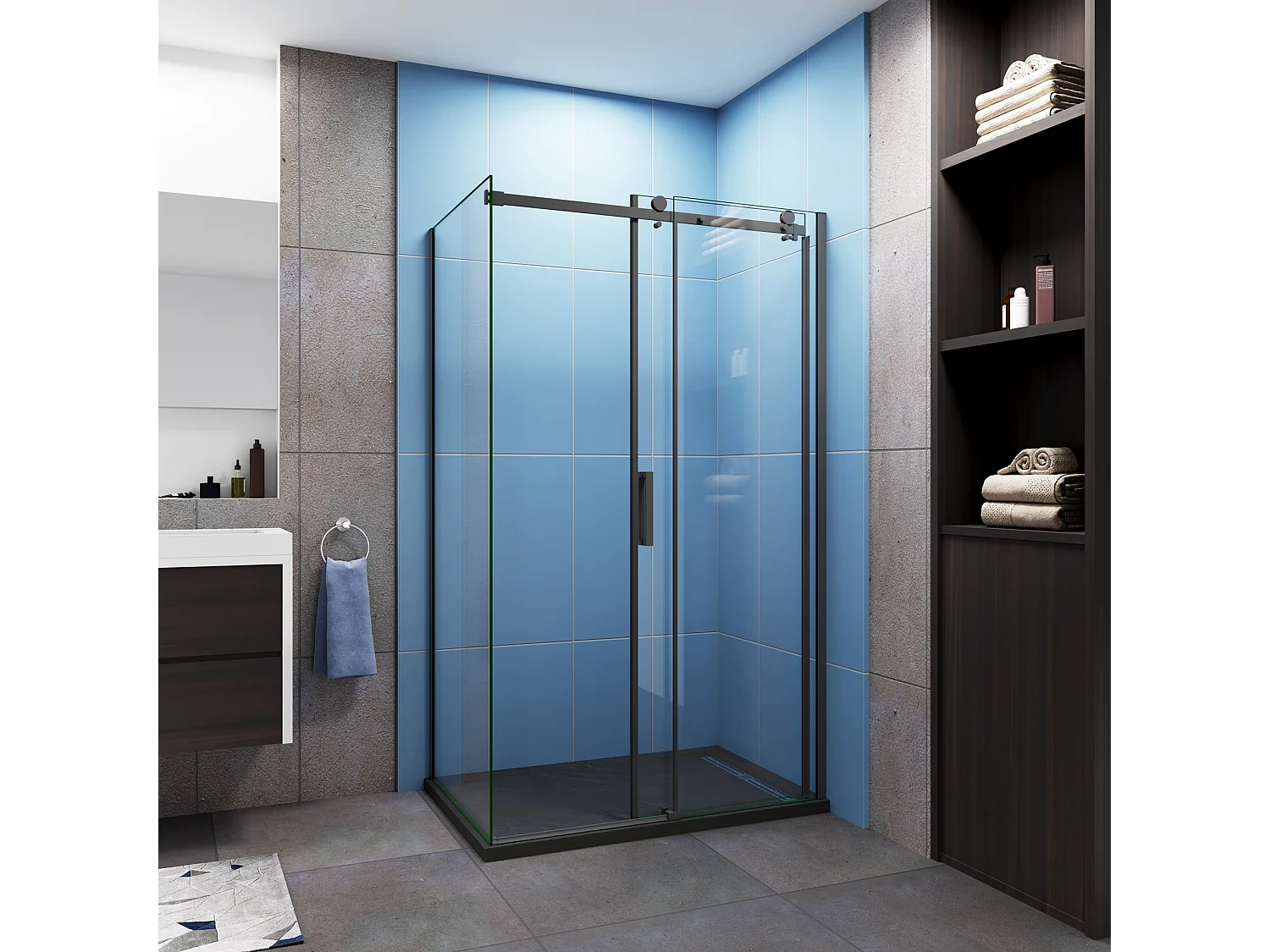 AICA Mampara de Ducha Corredera Frontal+Panel Lateral,Perfil Negro Mate,Vidrio Templado 8mm Tratamiento Antical,(975-995)x(683-703)x2000mm