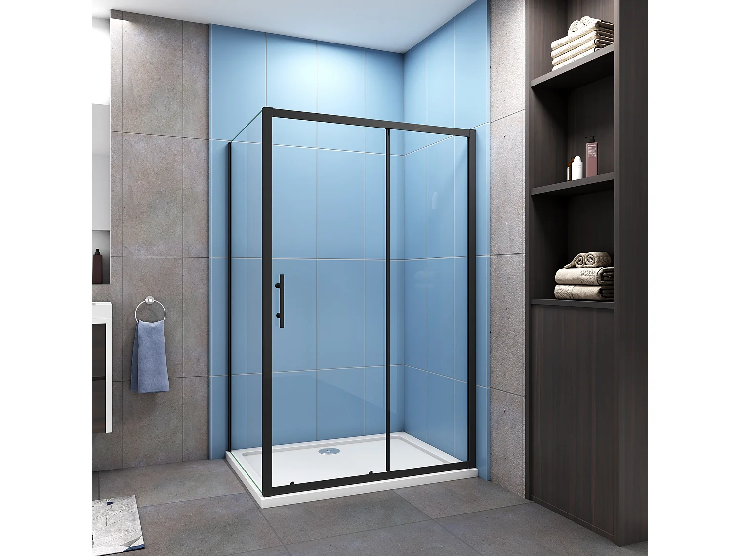 Porta de duche correr frontal com um Painel lateral vidro temperado 5mm Perfil preto mate (1061-1101)x(780-800)x1850mm-AICA